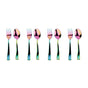 Six pieces from the Ahimsa Utensil Set—three forks and three spoons—are arranged alternately on a white background. This non-toxic kids flatware features a rainbow-colored, reflective finish.