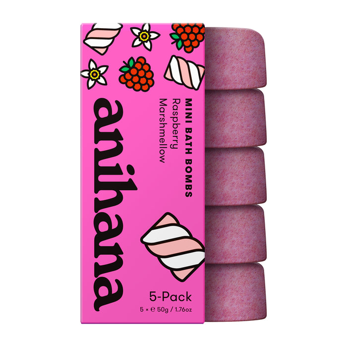 Anihana’s Bath Bomb Minis 5-Pack comes in a pink box with five purple, raspberry marshmallow-scented bath bombs enriched with coconut oil and packaging decorated with playful marshmallows and raspberries for a spa-like treat.