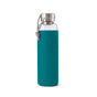 The Black + Blum Glass Water Bottle features clear glass, a teal silicone sleeve, a stainless steel lid, and a gray rope loop on the lid, shown standing upright on a white background.