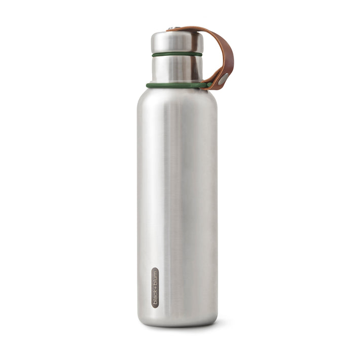 The Black + Blum Insulated Water Bottle features a brushed stainless steel finish, screw-on cap, green silicone ring, and brown leather strap. Its sleek, minimalist design is ideal for everyday use.
