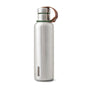 The Black + Blum Insulated Water Bottle features a brushed stainless steel finish, screw-on cap, green silicone ring, and brown leather strap. Its sleek, minimalist design is ideal for everyday use.