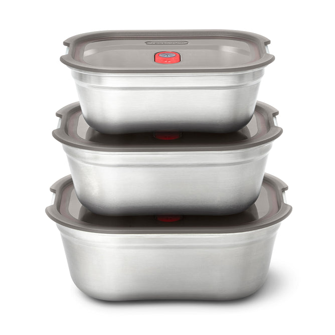 Three Black + Blum Multi-Function Food Box Mixed Set stainless steel containers (1.2L each) are stacked, each with a clear lid and central red button, designed for airtight sealing or venting.