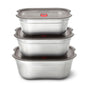 Three Black + Blum Multi-Function Food Box Mixed Set stainless steel containers (1.2L each) are stacked, each with a clear lid and central red button, designed for airtight sealing or venting.