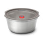 The Black + Blum Steel Food Bowl is a leakproof stainless steel lunch container with a matching lid featuring a center red valve, shown on a plain white background.