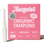 A pink August Regular Tampon box displays Super Comfy and 100% Organic Cotton badges. Next to it is a white hypoallergenic tampon with a BPA-free applicator. Each box contains 16 regular tampons.