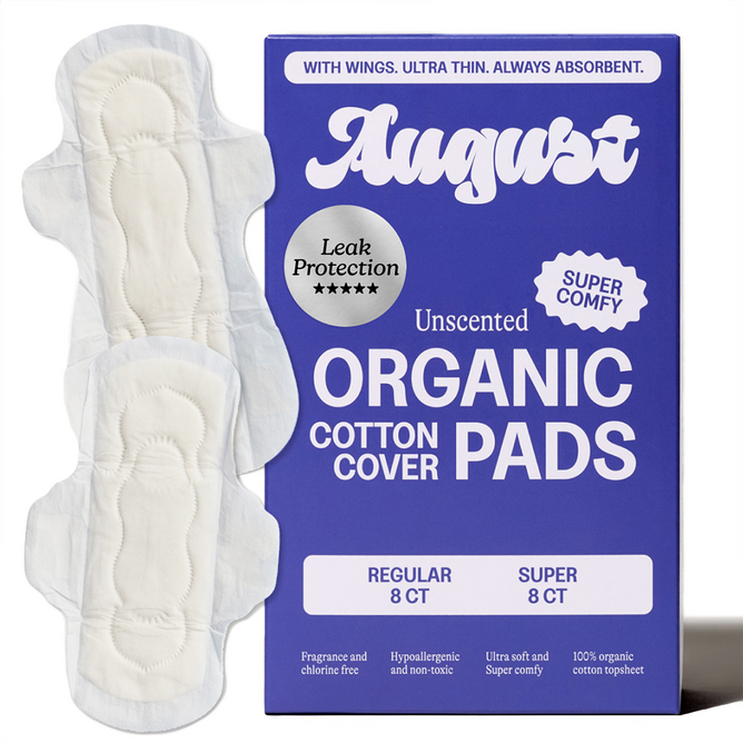 A purple box labeled August Night Pad is shown with two hypoallergenic pads next to it. The box highlights leak protection, comfort, and contains 8 regular and 8 super absorbent pads.