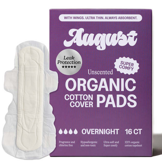 A purple box of August Night Pad features 16 unscented, organic cotton overnight pads. The packaging highlights leak protection, comfort, and hypoallergenic benefits, with one pad shown beside the box.