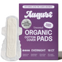 A purple box of August Night Pad features 16 unscented, organic cotton overnight pads. The packaging highlights leak protection, comfort, and hypoallergenic benefits, with one pad shown beside the box.