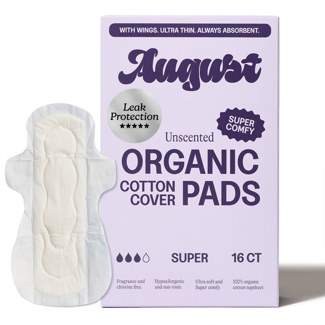 A box of August Night Pads is displayed beside a single pad, with packaging highlighting leak protection, super comfort, hypoallergenic pads, and a 16-count per box.