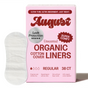 A pink box of August Organic Cotton Panty Liners – Regular, 38 count. Hypoallergenic, ultra thin, unscented liners provide leak protection and comfort. One sustainable liner is shown beside the box.
