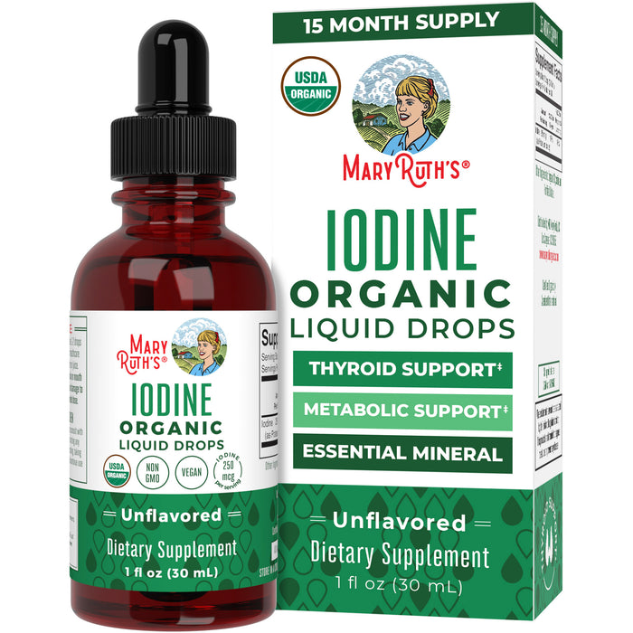 A bottle and box of MaryRuths Organic Iodine Liquid Drops, unflavored, 1 fl oz, labeled for thyroid and metabolic support, with a USDA Organic seal and 15 Month Supply text.