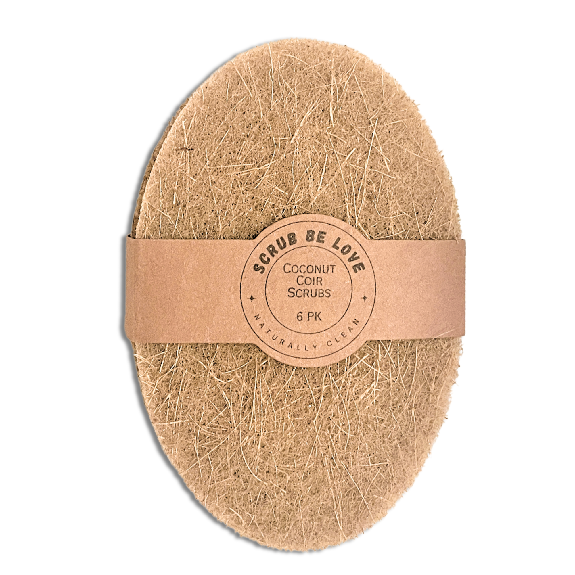 A 6-pack of Scrub Be Love Coconut Coir Dish Scrubs with a brown paper band on a white background—eco-friendly, oval-shaped scrub pads for zero-waste cleaning.