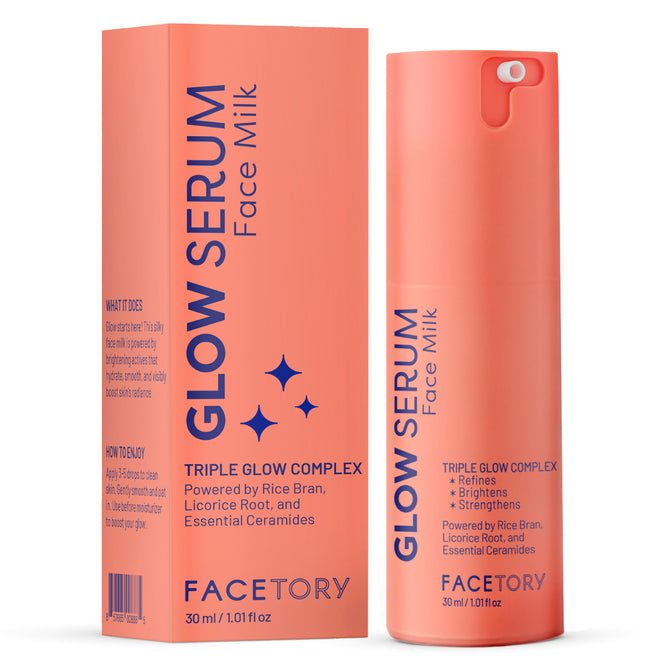 A coral FaceTory Glow Serum Face Milk bottle and box with bold blue text and star accents spotlighting rice bran, licorice root, and ceramides for a radiant glass-skin effect.