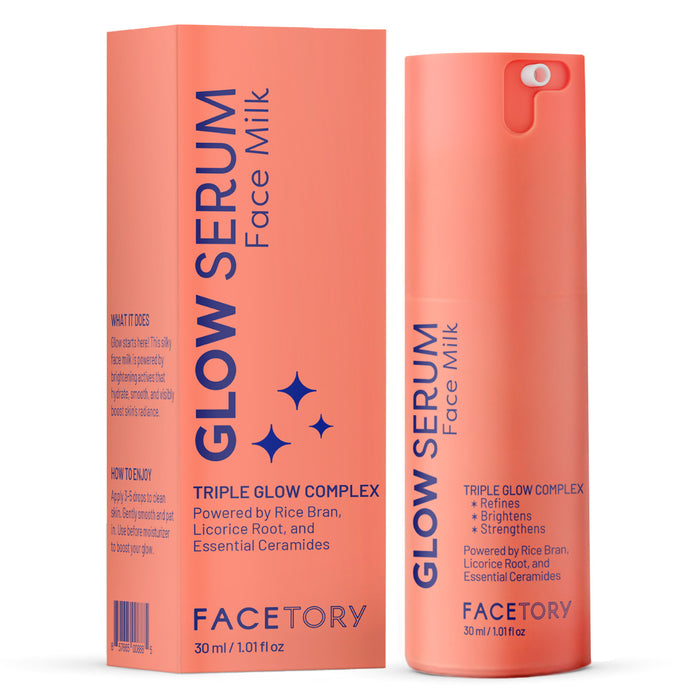 A coral FaceTory Glow Serum Face Milk bottle and box with bold blue text and star accents spotlighting rice bran, licorice root, and ceramides for a radiant glass-skin effect.