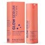 A coral FaceTory Glow Serum Face Milk bottle and box with bold blue text and star accents spotlighting rice bran, licorice root, and ceramides for a radiant glass-skin effect.