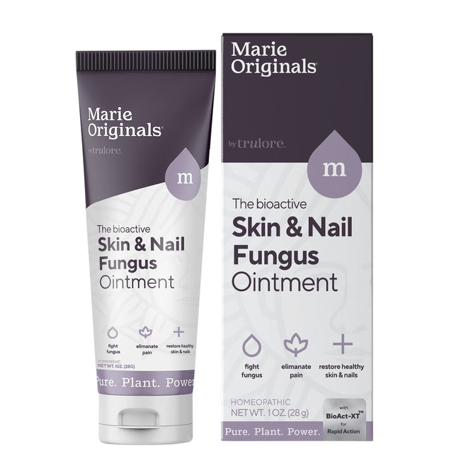 A tube and box of Marie Originals Skin & Nail Fungus Removal Cream, a homeopathic, plant-based formula designed to fight fungus, eliminate pain, and restore healthy skin and nails.