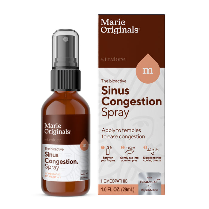 A brown bottle of Marie Originals Sinus Congestion Relief Spray with a black cap is displayed beside its box with orange accents, highlighting this natural decongestant for sinus congestion and post nasal drip relief.