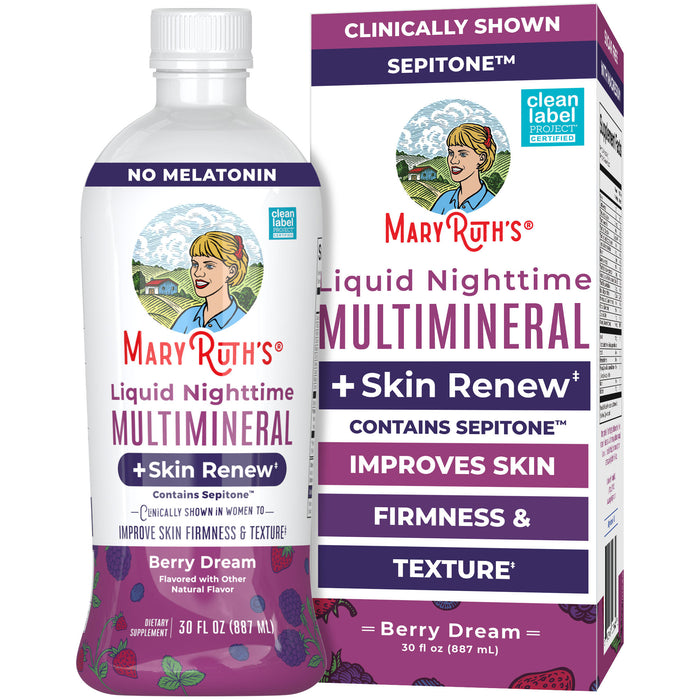 A berry-flavored MaryRuth’s Nighttime MultiMineral Liquid + Skin Renew bottle and its matching box, formulated to support immunity and skin elasticity.