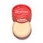 A round red container labeled Axiology with a swirled lid holds Fungdation – Mushroom Foundation, a pale cream hydrating base. The open container displays the smooth makeup inside.