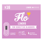 A pink pack of Here We Flo Flo Sensitive Bladder Bamboo Liners, with 16 ultra-thin, odour-neutralising, sensitive-skin-friendly liners. The pack features a liner illustration and icons showing key benefits.
