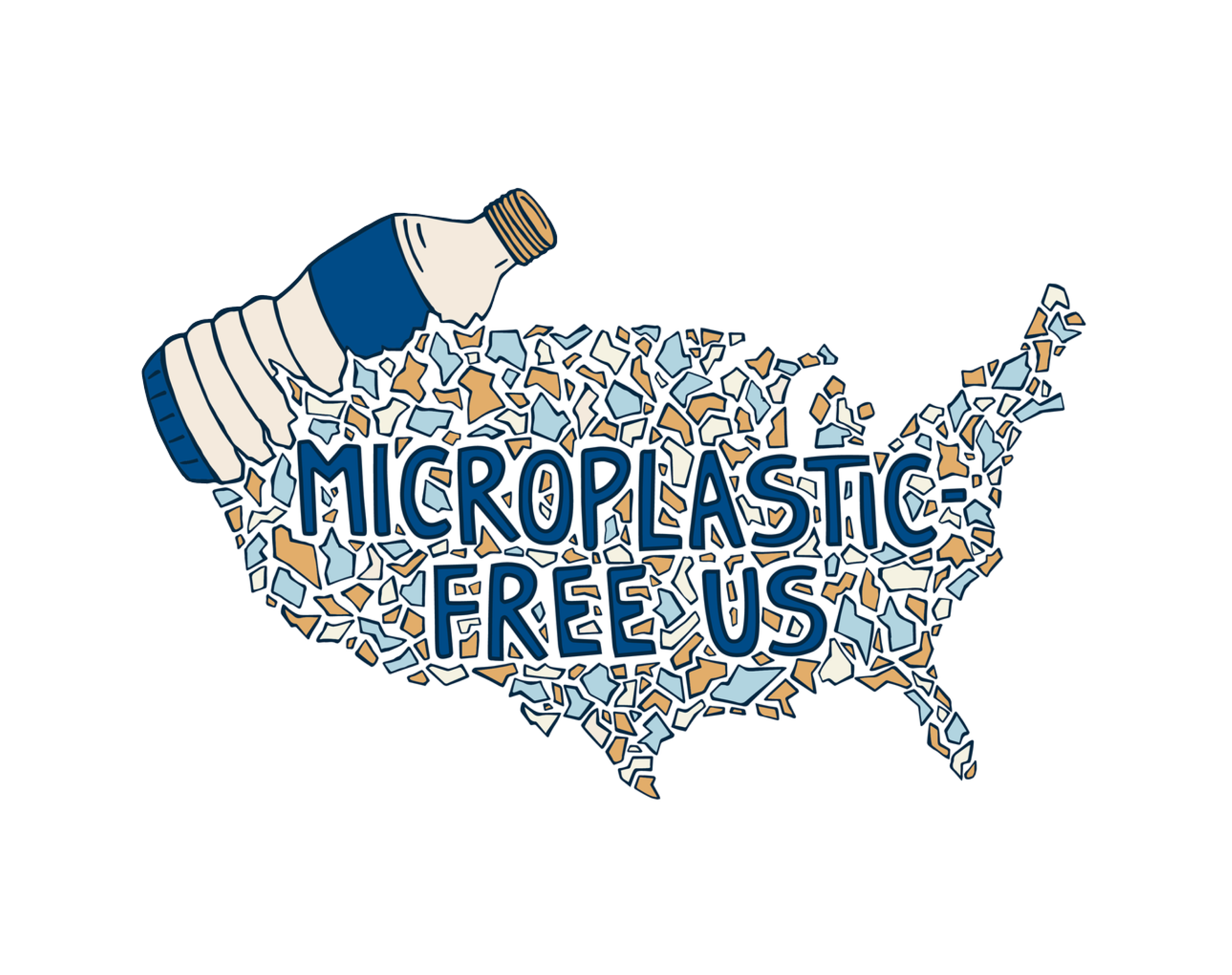 An illustration of a U.S. map filled with blue, white, and tan microplastics, with a plastic bottle pouring them in. The words MICROPLASTIC-FREE US are written over the map in bold letters.