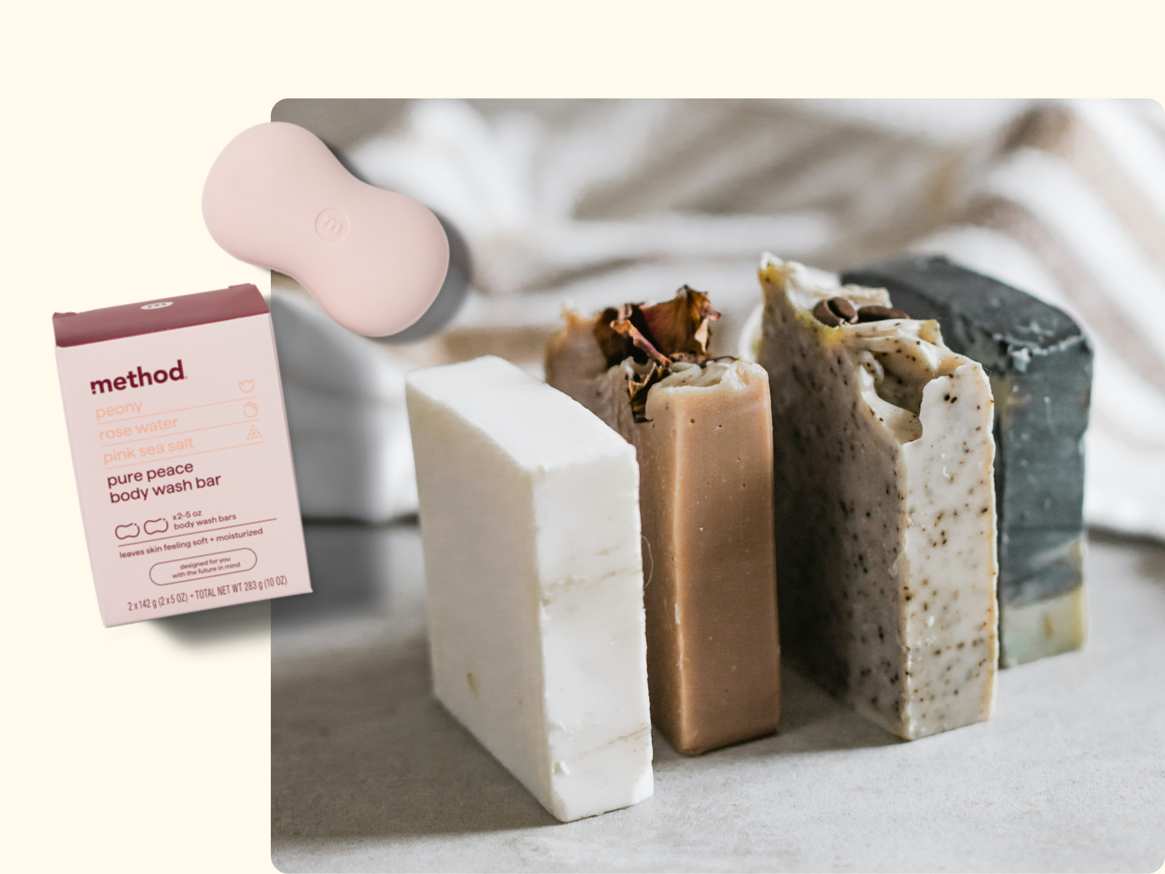 Four natural soap bars in different colors and textures are lined up on a surface. Nearby, a pink soap bar and a pink box labeled method pure peace body wash bar are displayed. A soft, neutral background is visible.