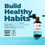 A brown MaryRuth’s Vegan Liquid Chlorophyll Drops bottle sits beside a green-filled dropper on a blue background. Text reads: “Build Healthy Habits” and spotlights natural, minty, mulberry-derived chlorophyll.