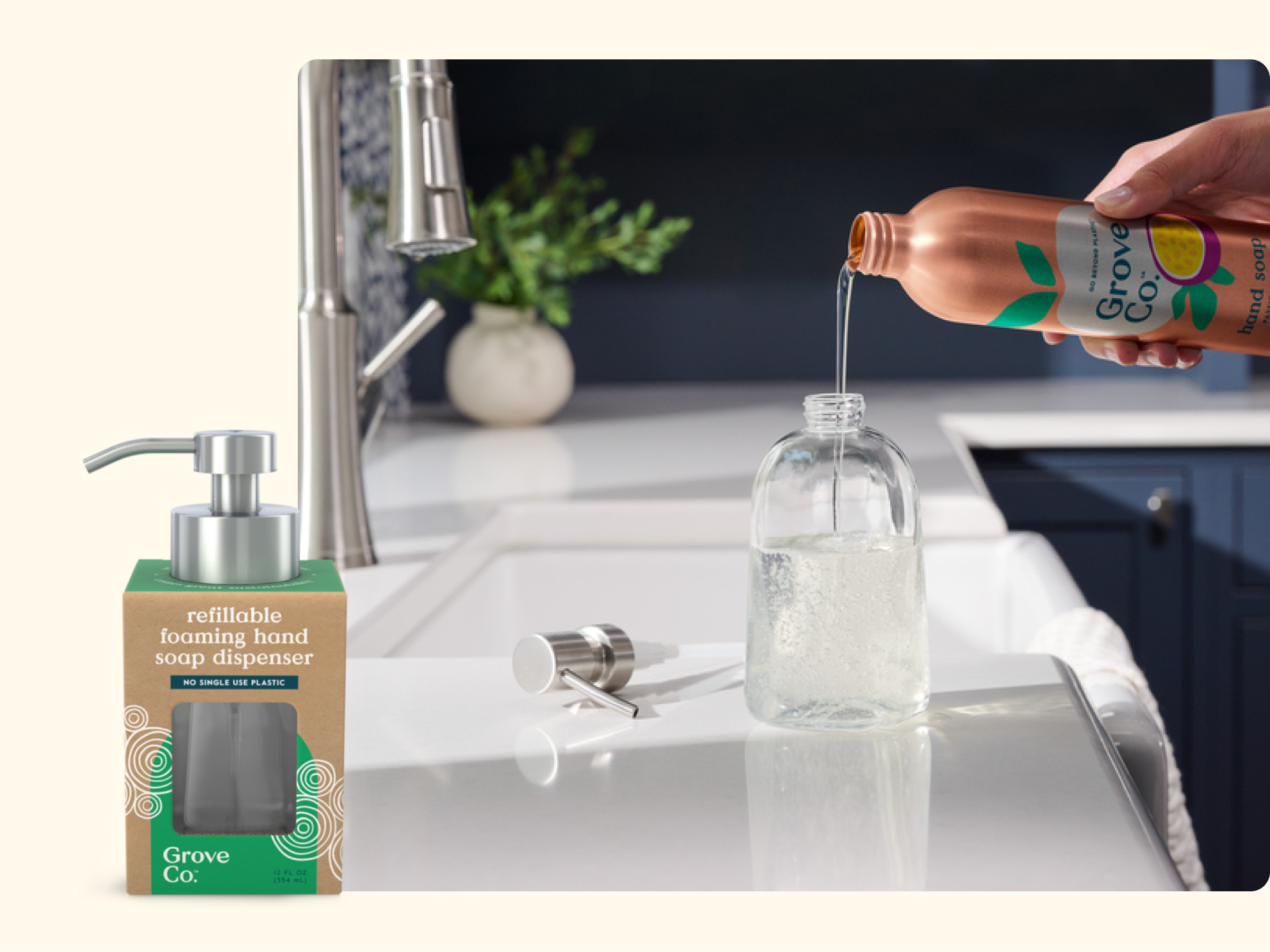 A hand pours liquid soap from a refill bottle into a clear reusable soap dispenser by a kitchen sink. A boxed Grove Co. foaming hand soap dispenser is shown in the corner.
