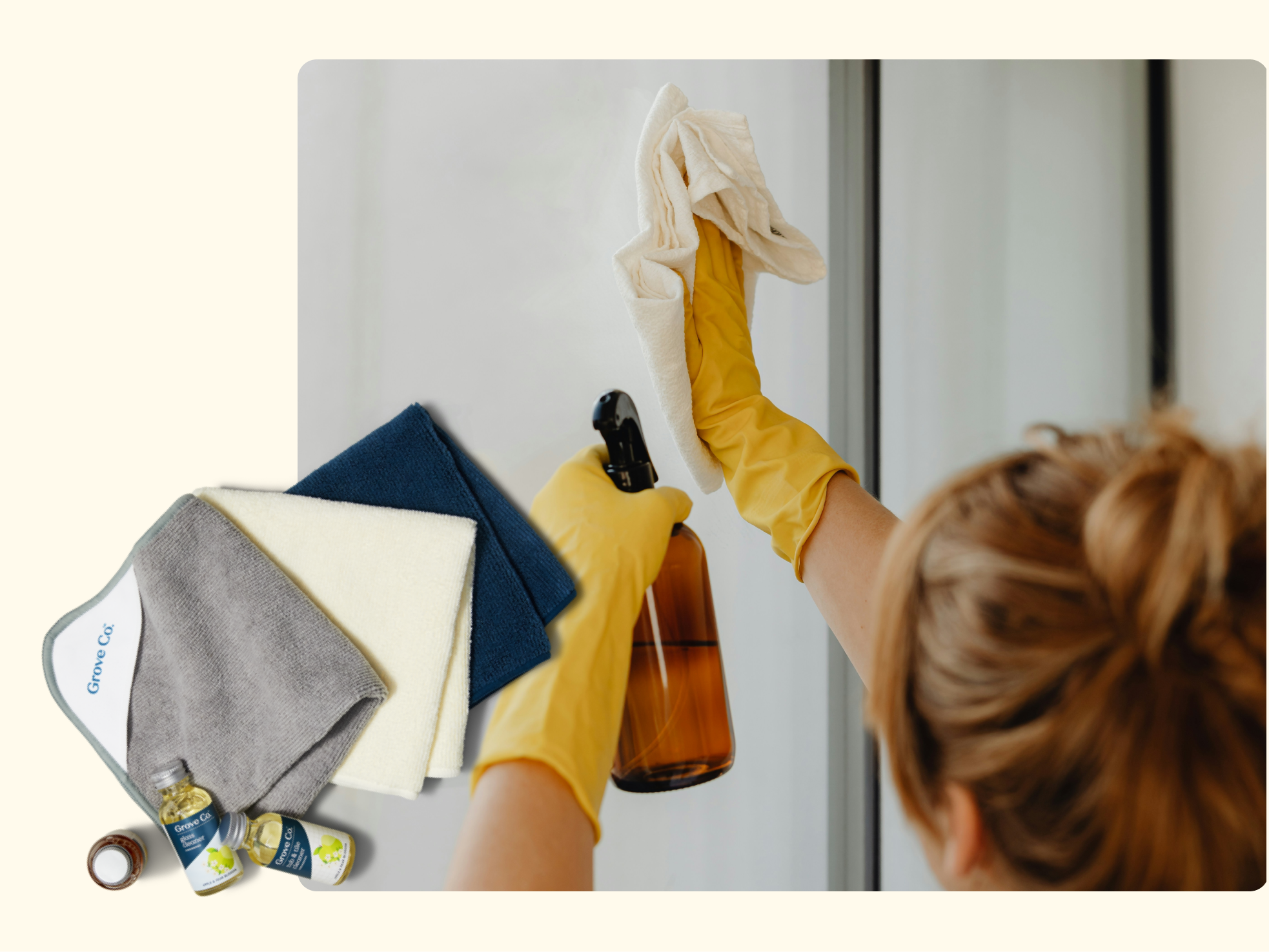 A person wearing yellow gloves uses a cloth to clean a glass surface with a spray bottle. Inset shows cleaning cloths, small bottles of cleaner, and a brown roll of tape on a light background.