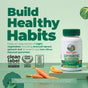 A bottle of MaryRuth’s Super Greens Gummies surrounded by illustrations of fresh carrots, orange slices, and broccoli, featuring Clean Label Project and B Corp certification labels.