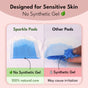 Comparison image: Sparkle Ultra Pads with Wings feature a smooth blue core labeled hypoallergenic, 100% natural USDA Certified Biobased vs. Other pads with clumpy blue gel labeled synthetic gel, may cause irritation.