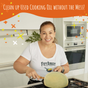 A smiling woman in a kitchen stands by the stove holding a frying pan. She wears a FryAway shirt. An orange banner above her reads, “Clean up Used Cooking Oil without the Mess!” with colorful star-like shapes drawing attention to Pan Fry Used Cooking Oil Solidifier Powder by FryAway—an easy, plant-based solution for cleaning up used cooking oil.
