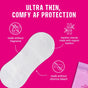 Here We Flo Organic Bamboo Panty Liners (Wrapped) are ultra-thin liners made from bamboo viscose with organic bamboo, free from fragrance and chlorine bleach. Displayed on a pink background with icons highlighting these key features.