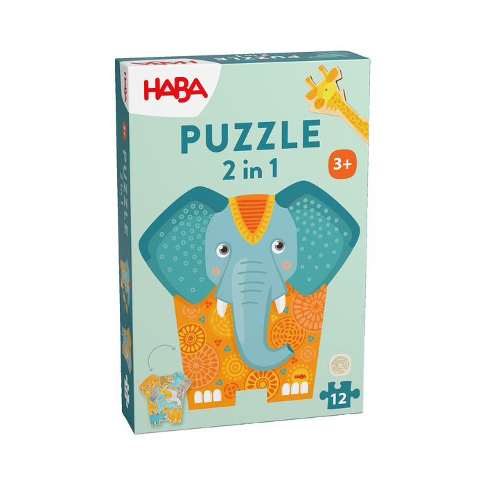 HABA 2-in-1 Wooden Puzzle - Elephant, 3+ Years box featuring a stylized blue and orange elephant illustration.