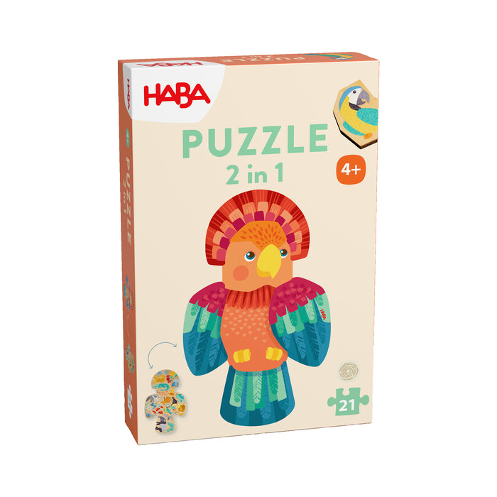 A 2-in-1 Wooden Puzzle - Parrot, 4+ Years featuring an illustration of a colorful parrot, a small cutout showing a second design, and a 21-piece count indicator for this creative puzzle for kids.