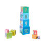 HABA Stacking & Nesting Cubes - Rainbow Fish arranged in a tall tower and smaller groupings, featuring ten colorful cubes with underwater illustrations and numbers for early math play.