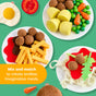 HABA Creative Play Food Meal Kit- Fresh Box includes fabric meatballs, fries, pasta with sauce, peas, carrots, and a fried egg on plates, with text that reads, Mix and match to create endless imaginative meals for your play kitchen.