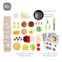 HABA Creative Play Food Meal Kit- Fresh Box includes a metal pot, wooden and fabric ingredients, paper grocery bags, and six double-sided recipe cards for pretend cooking.