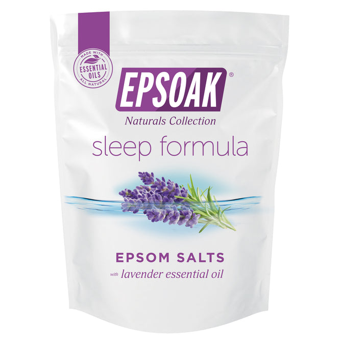 A white resealable bag labeled San Francisco Salt Co Epsom Salts - Everyday Sleep Formula with lavender essential oil, featuring lavender sprigs and blue water illustrations.