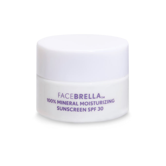 A white jar labeled Mama Sol FACEBRELLA 100% Mineral Moisturizing Sunscreen SPF 30 - Sample, with "SPF 30" highlighted in purple text, stands out against a white background. This mineral sunscreen delivers broad-spectrum protection and hydrates your skin.