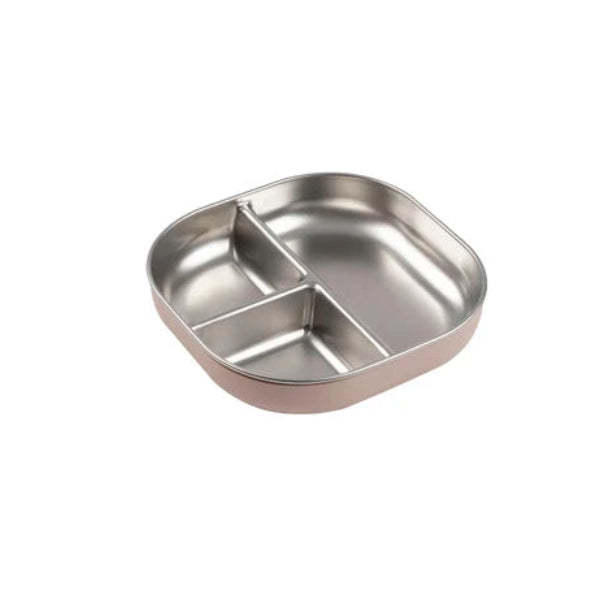 The BEABA Stainless Steel Divided Plate is a square, microwave-safe plate with three separate compartments, shown on a white background—perfect for keeping meals organized as a divided baby plate.