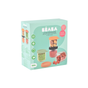 A box of BEABA Glass Baby Food Jars featuring four stackable jars with homemade baby food. The light blue-green packaging displays product images and text, suitable for babies 4+ months.