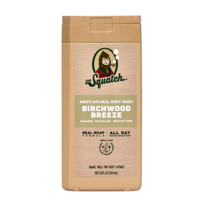 A tan plastic bottle of Dr. Squatch Body Wash in Birchwood Breeze scent features a bearded cartoon man on its label and is free from parabens, phthalates, and sulfates for a trusted clean.