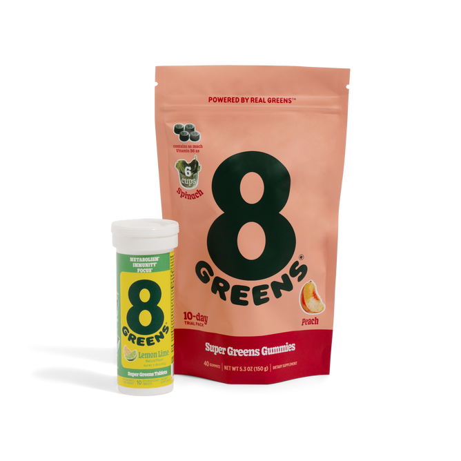 A 10 Day Trial Kit by 8Greens features drink tablets and gummies, both nutritional supplements with bold green 8 logos on a white background.