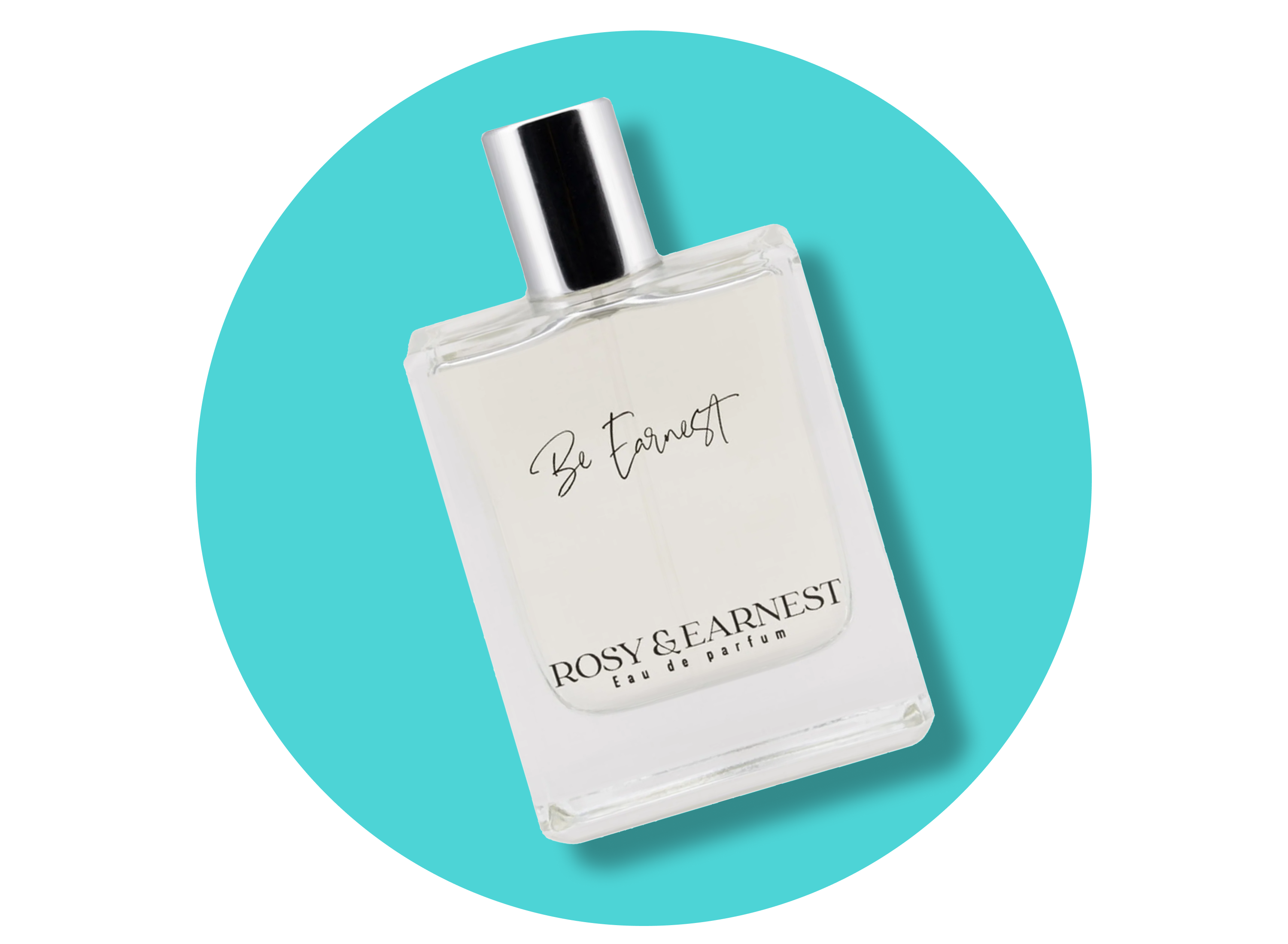 A clear glass perfume bottle with a silver cap, labeled Be Earnest and ROSY & EARNEST Eau de Parfum, is displayed on a bright turquoise circular background.