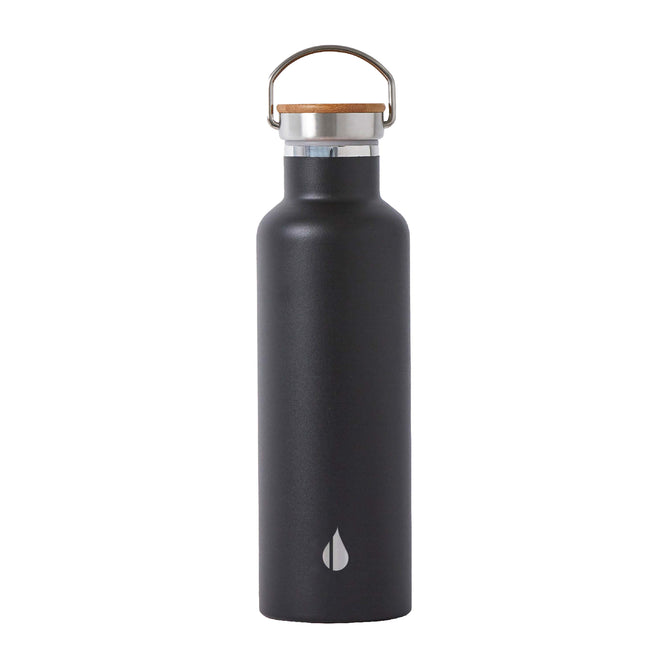 The Elemental Classic Stainless Steel + Bamboo Lid Bottle features a black finish, silver and bamboo cap, leak-proof lid, metal handle, and a small droplet logo near the base, shown against a white background.
