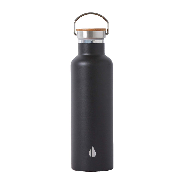 The Elemental Classic Stainless Steel + Bamboo Lid Bottle features a black finish, silver and bamboo cap, leak-proof lid, metal handle, and a small droplet logo near the base, shown against a white background.
