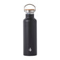The Elemental Classic Stainless Steel + Bamboo Lid Bottle features a black finish, silver and bamboo cap, leak-proof lid, metal handle, and a small droplet logo near the base, shown against a white background.