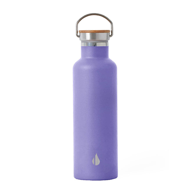 The Elemental Classic Stainless Steel + Bamboo Lid Bottle is shown upright on a white background, featuring a purple finish and a secure screw-on cap with a brown bamboo handle.