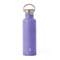 The Elemental Classic Stainless Steel + Bamboo Lid Bottle is shown upright on a white background, featuring a purple finish and a secure screw-on cap with a brown bamboo handle.